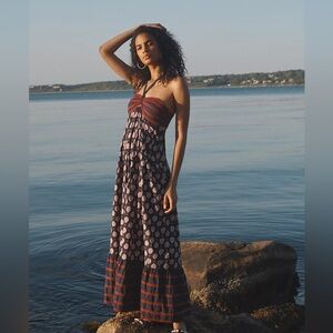 Anthropologie Zosime Abstract Halter Maxi Dress $178 Size 8 Blue & Brown Boho